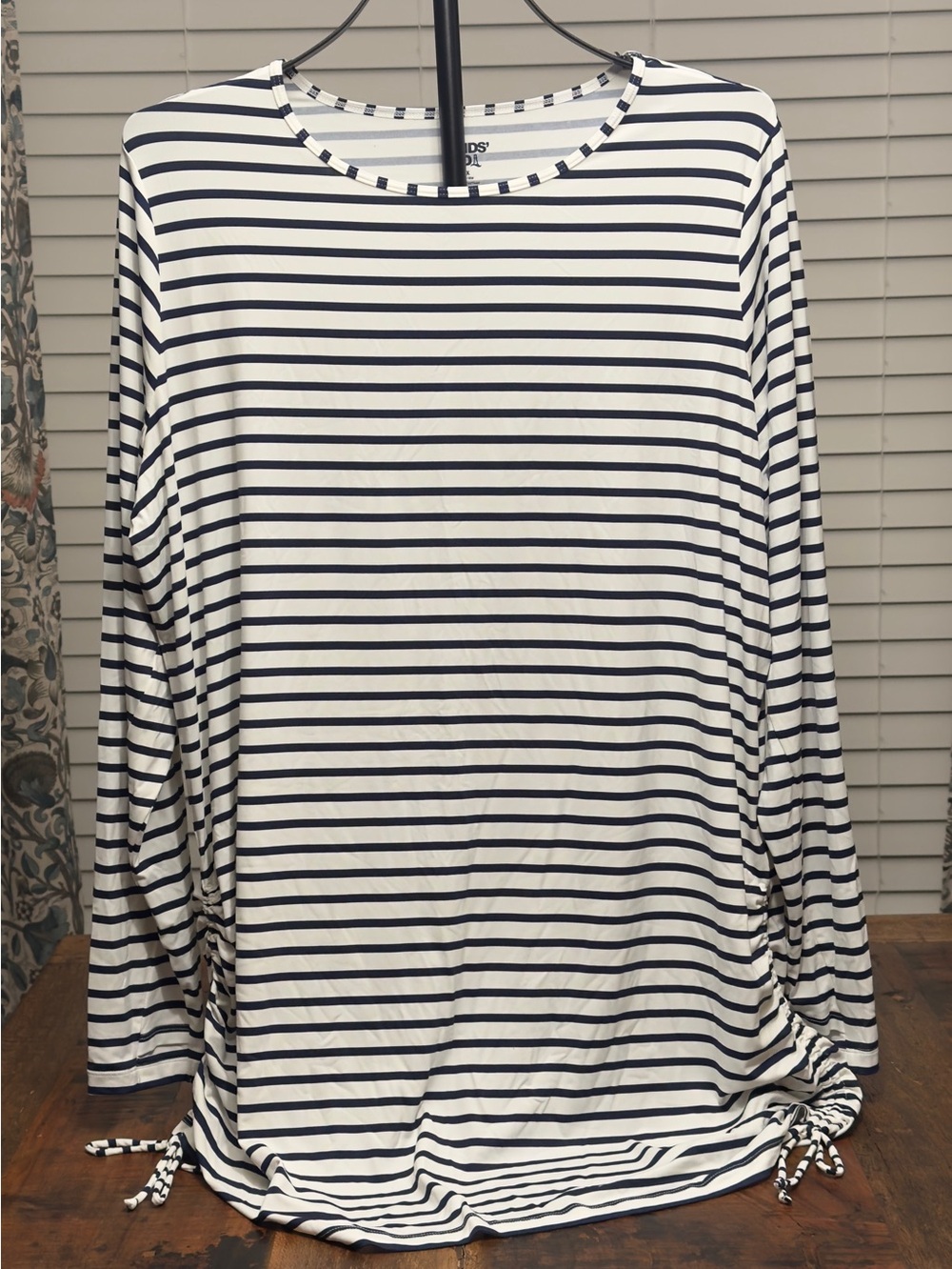 Lands End Striped Long Sleeve Tunic Rash Guard in White & Navy 1X